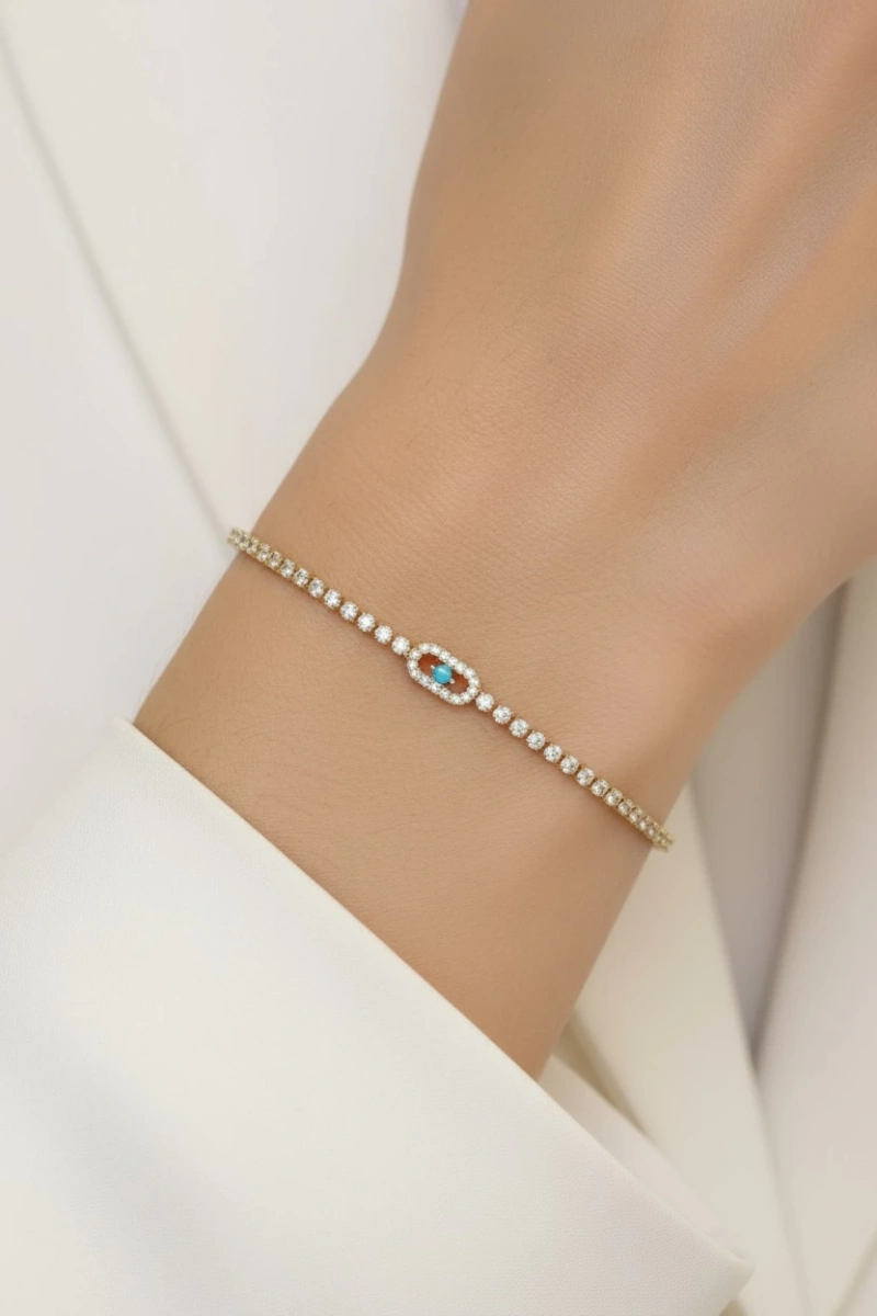 Su Yolu Zincir Mavi Taş Model Gold Altın Kaplama Bileklik