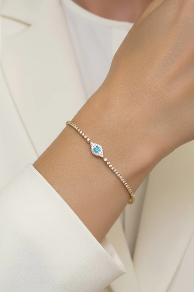 Su Yolu Zincir Mavi Taşlı Göz Model Gold Altın Kaplama Bileklik