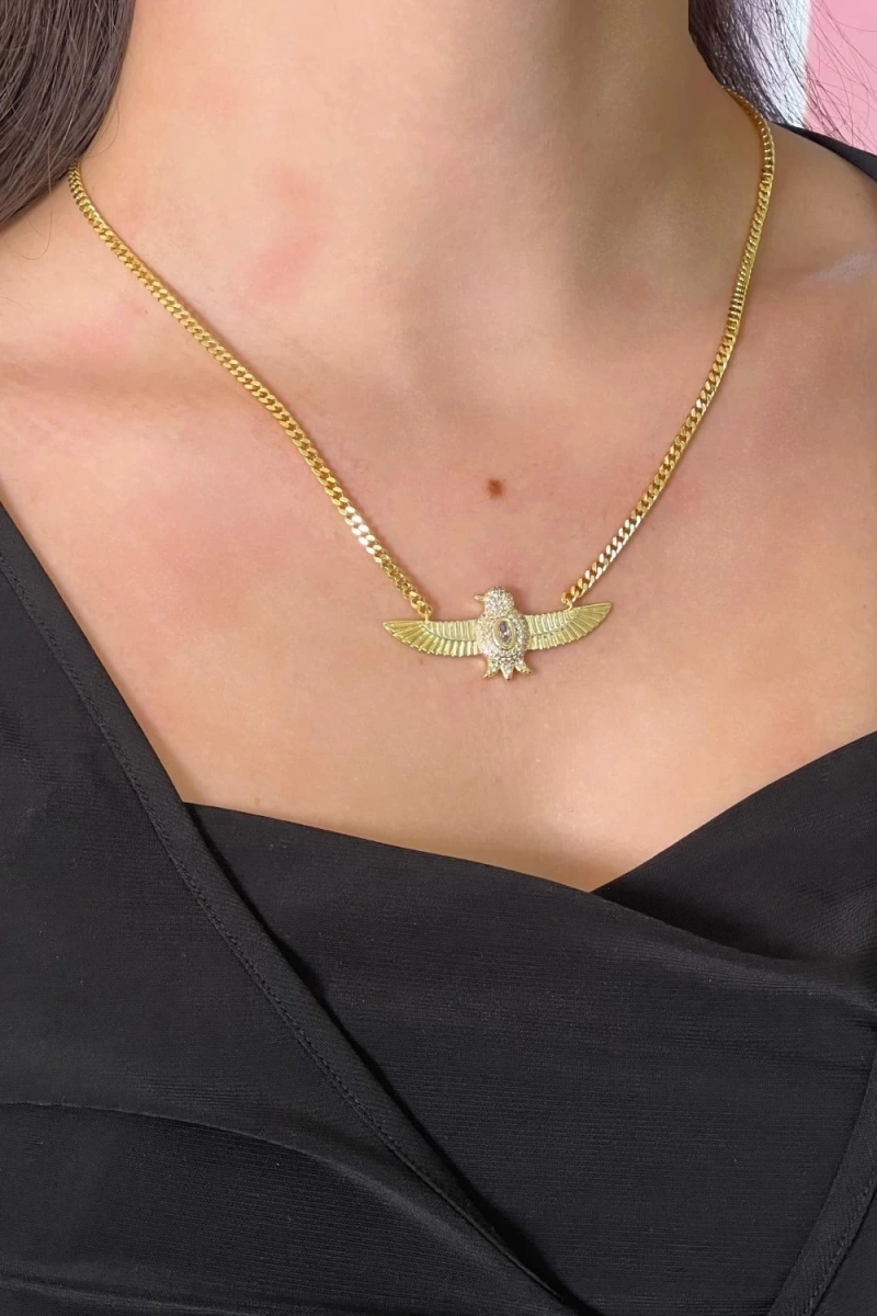 Kare Zincir Kuş Detay Gold Altın Kaplama Kolye