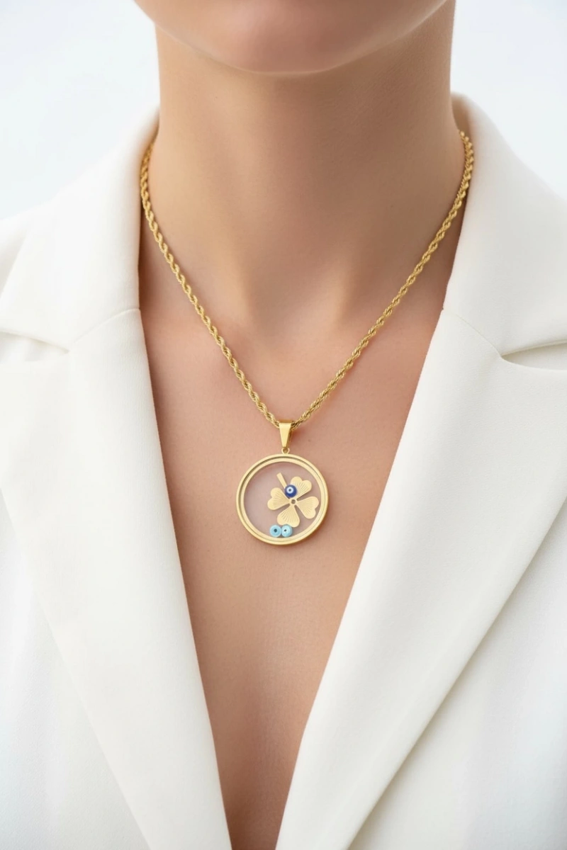 Cam Çerçeve Burgu İtalyan Zincir Yonca Gold Altın Kaplama Çelik Kolye