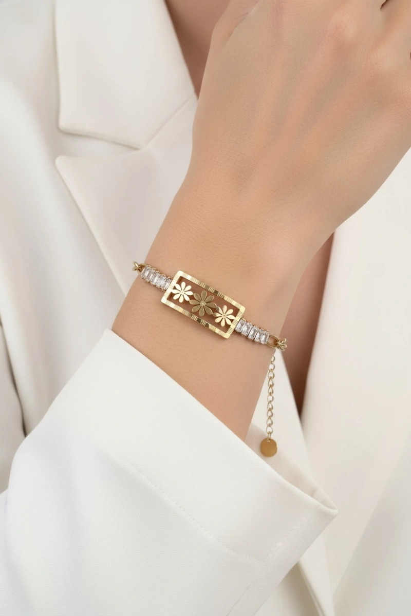 Düz Zincir Yonca Model Baget Taş Gold Altın Kaplama Çelk Bileklik