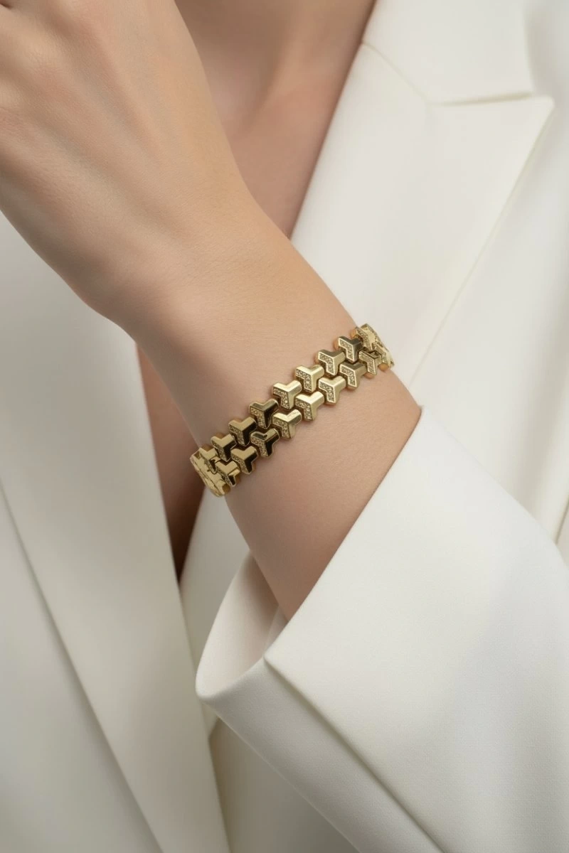 Taş Desen Simetrik Model Gold Altın Kaplama Bileklik