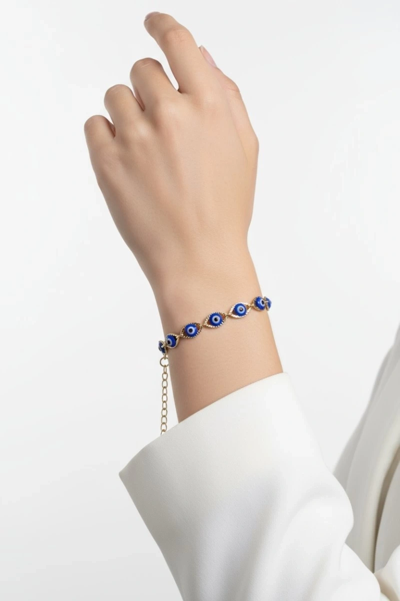 Sıralı Lacivert Nazar Boncuk Detay Gold Altın Kaplama Bileklik