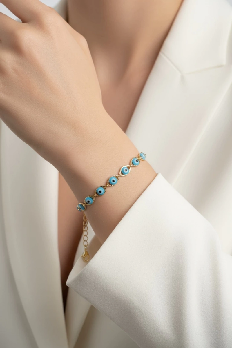 Sıralı Mavi Nazar Boncuk Detay Gold Altın Kaplama Bileklik
