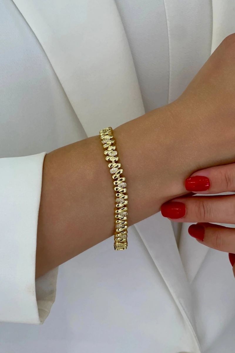 Ters Düz Damla Model Taş Detay Gold Altın Kaplama Bileklik