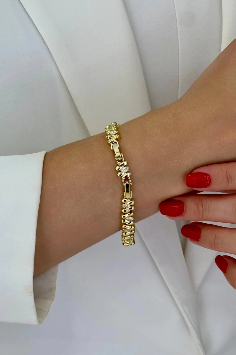 Ters Düz Damla Model Taş Detay Gold Altın Kaplama Bileklik