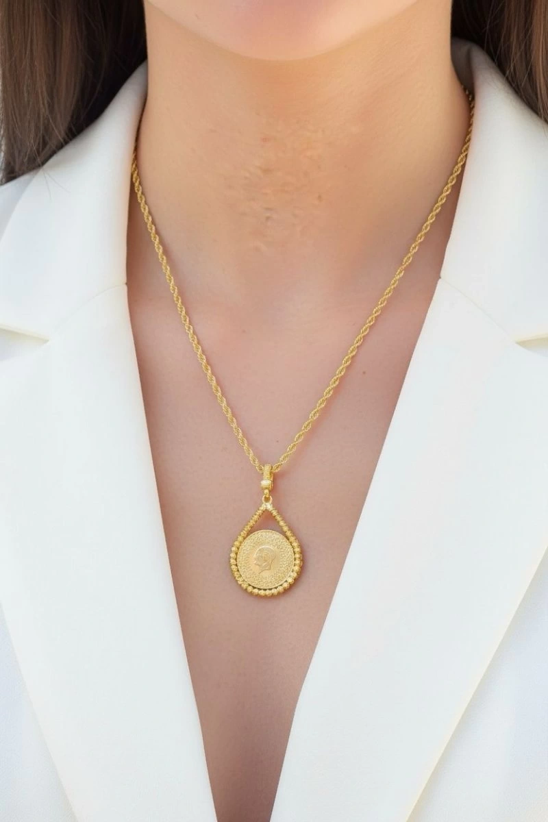 Burgu Zincir Dorika Damla Detay Yarım Altın Model Gold Altın Kaplama Kolye