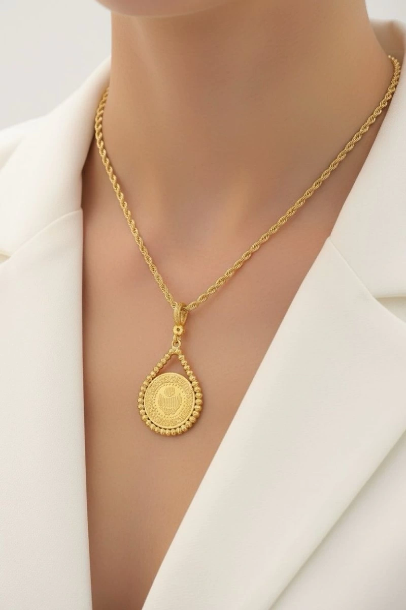 Burgu Zincir Dorika Damla Detay Yarım Altın Model Gold Altın Kaplama Kolye