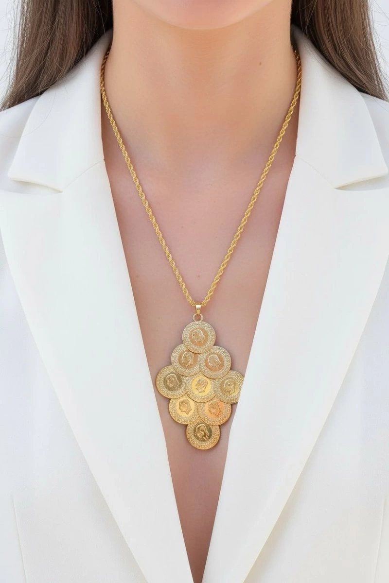 Çoklu Çeyrek Model Gold Altın Kaplama Kolye