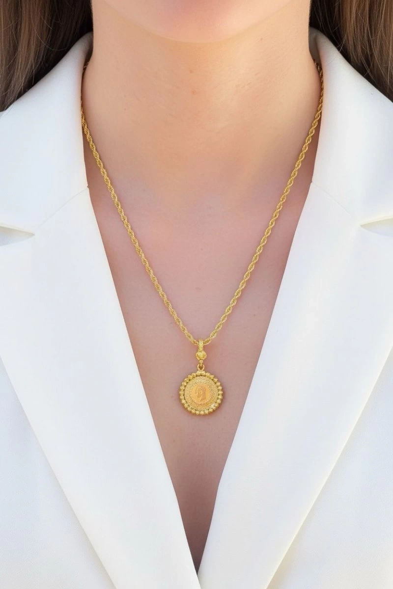 Dorika Detay Çeyrek Model Gold Altın Kaplama Kolye