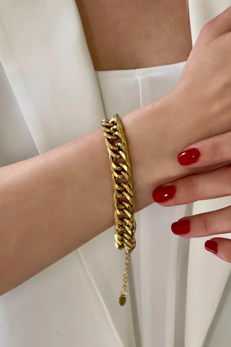 Kalın Ezik Sık Geçişli Gold Altın Kaplama Çelik Bileklik