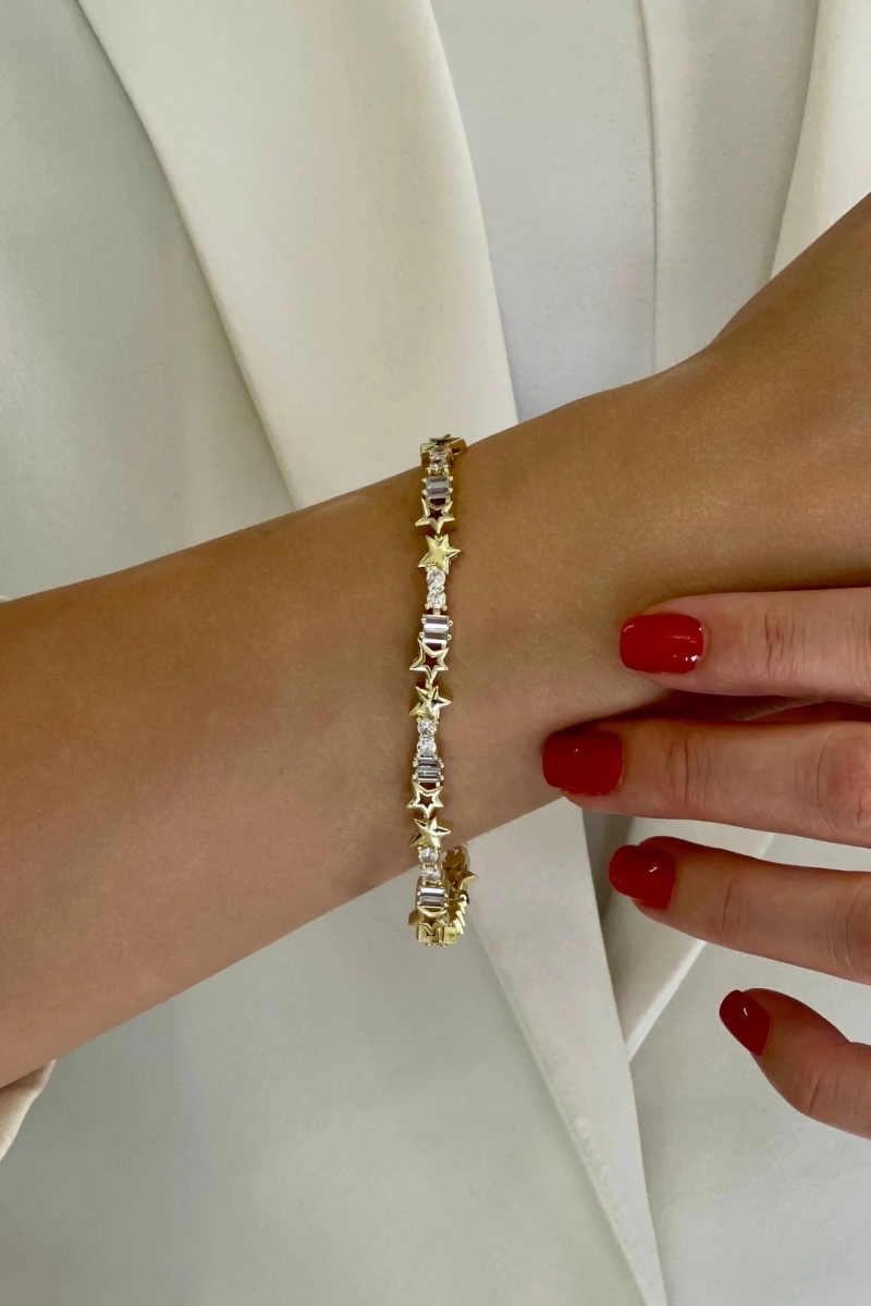 Baget Taş Detay Yıldız Model Gold Altın Kaplama Bileklik