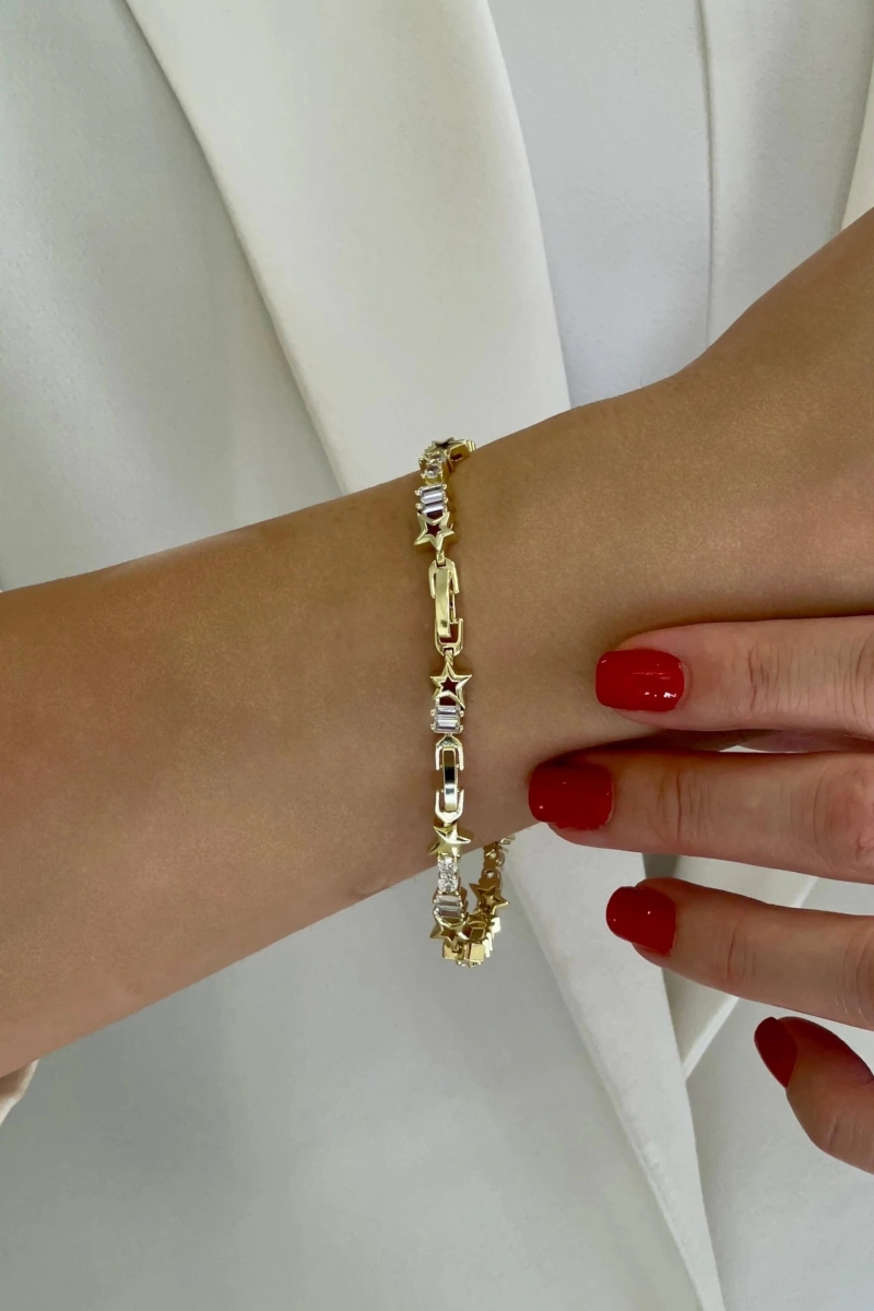 Baget Taş Detay Yıldız Model Gold Altın Kaplama Bileklik