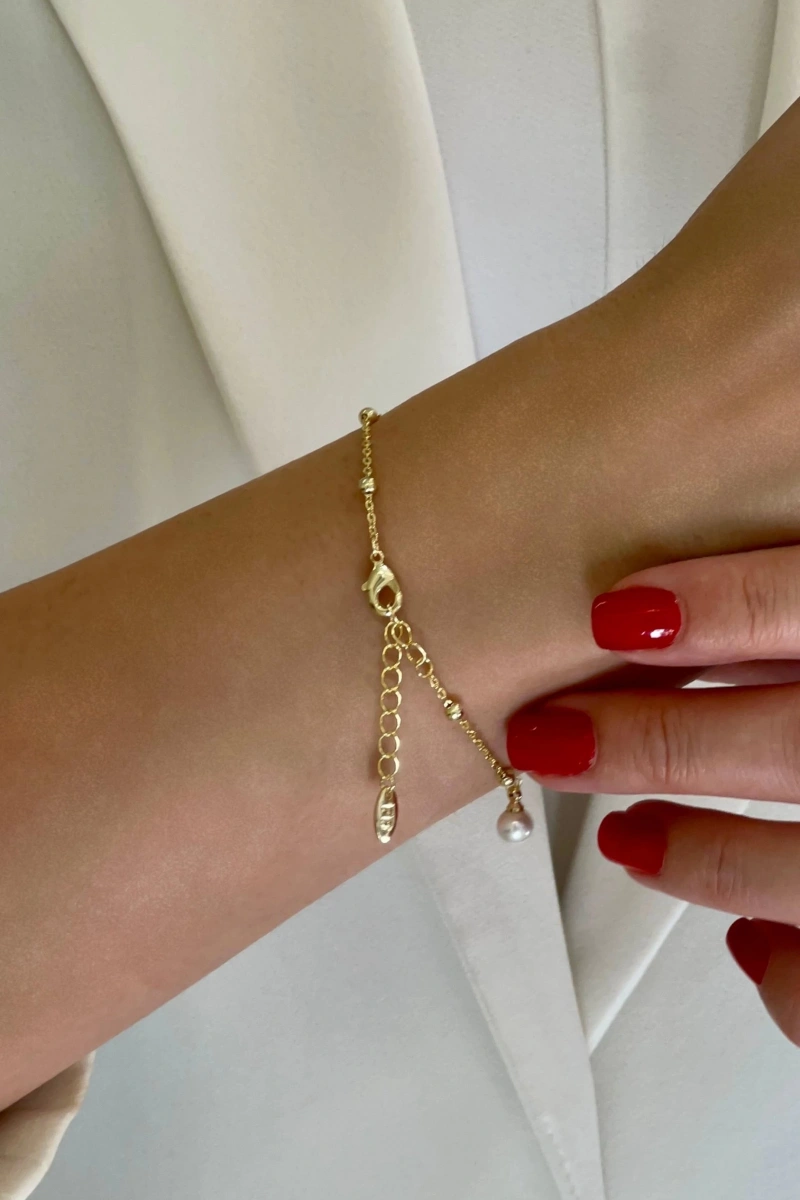 İnce Zincir İnci Detay Gold Altın Kaplama Bileklik