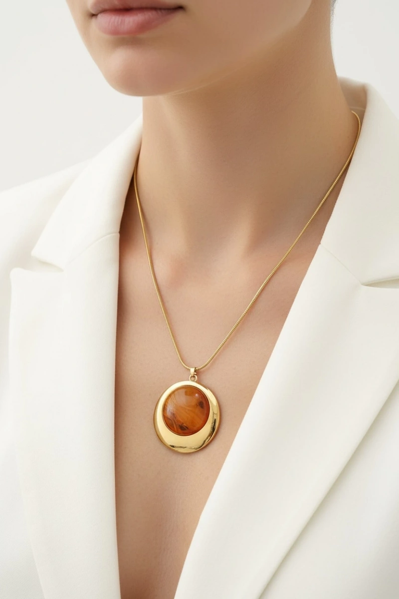 Halka Model Oranj Taş Detay Gold Altın Kaplama Kolye