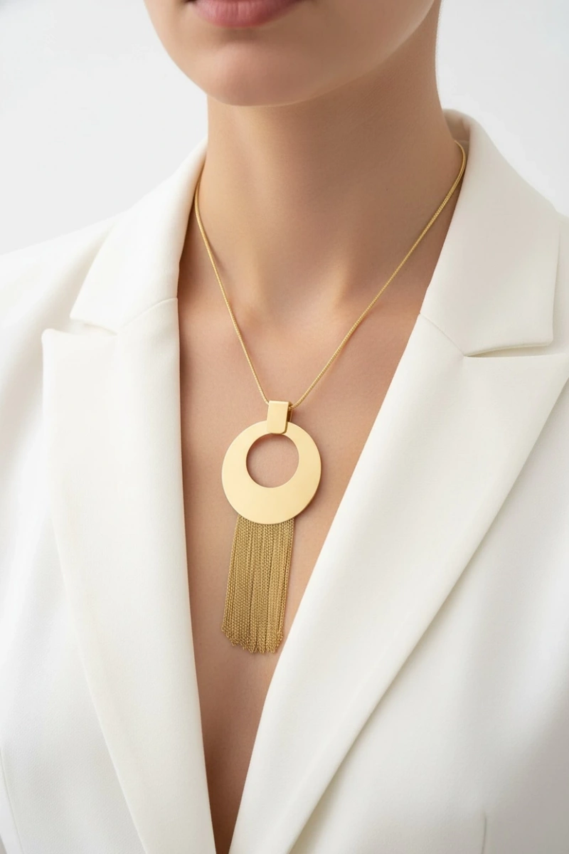 Halka Model Saçak Detay Gold Altın Kaplama Kolye