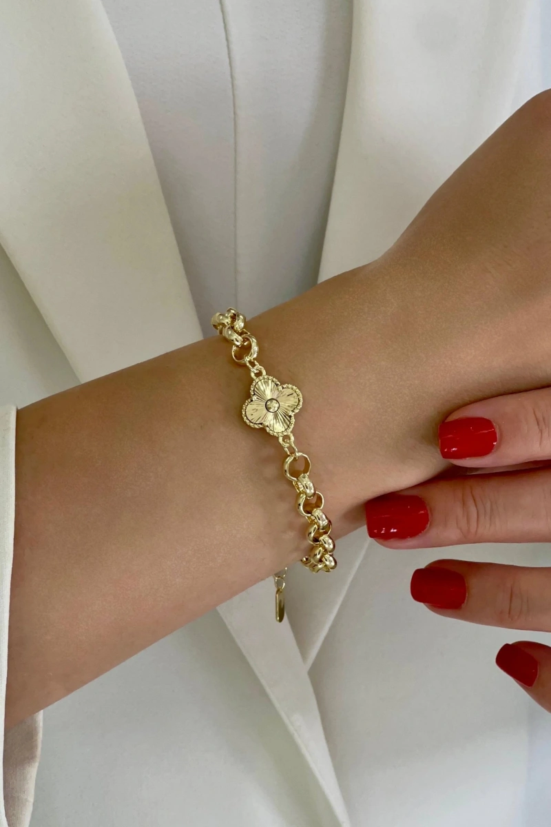 Olimpos Zincir Desenli Yonca Model Gold Altın Kaplama Bileklik