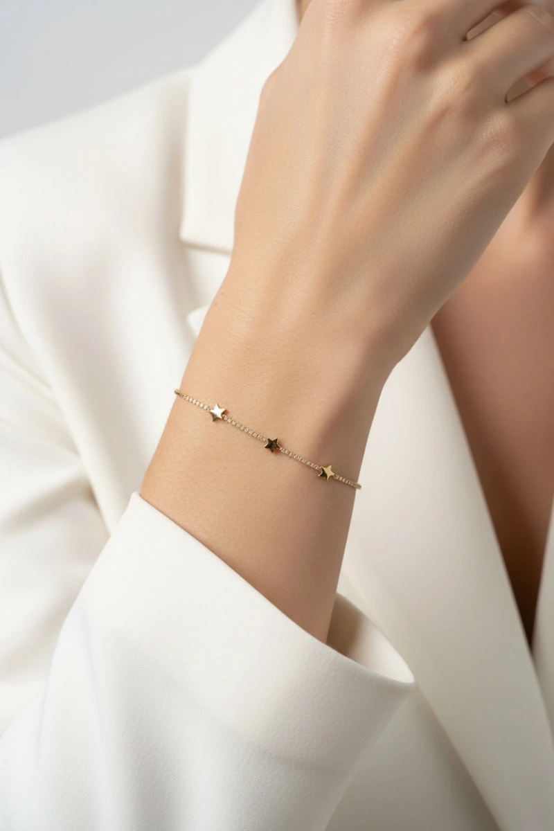 Su Yolu Zincir Yıldız Model Gold Altın Kaplama Bileklik