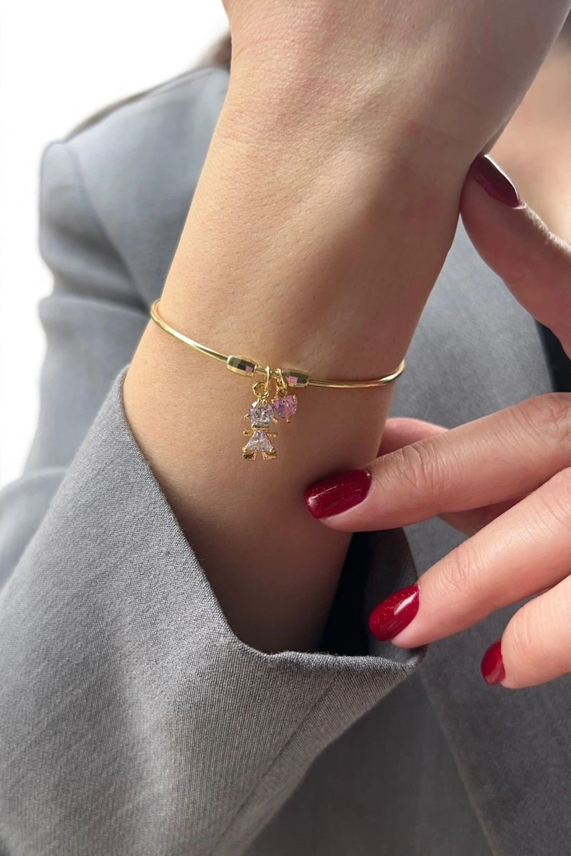 Child Model Pembe Kalp Detay Gold Altın Kaplama Bileklik