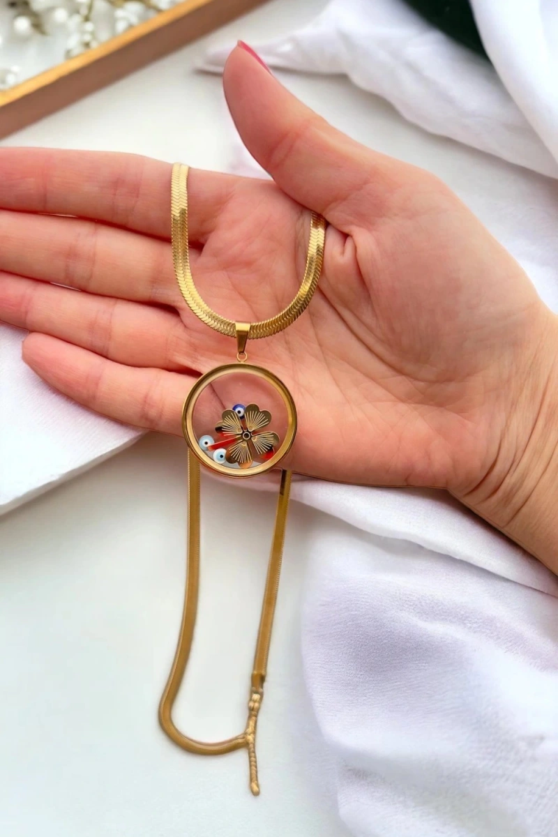 Cam Çerçeve İtalyan Zincir Yonca Gold Altın Kaplama Çelik Kolye