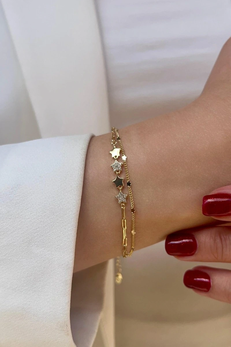 Çift Zincir Taşlı Yıldız Model Gold Altın Kaplama Bileklik