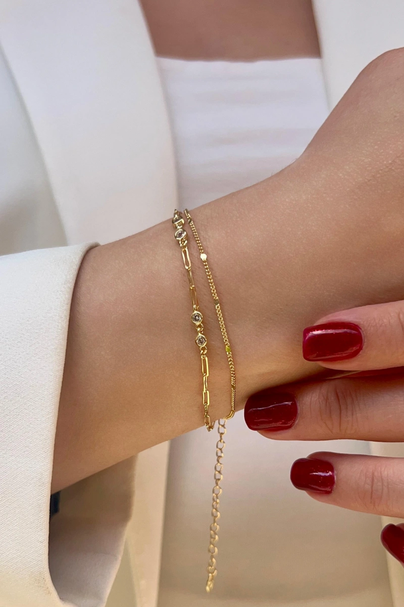 Çift Zincir Ataç Model Gold Altın Kaplama Bileklik