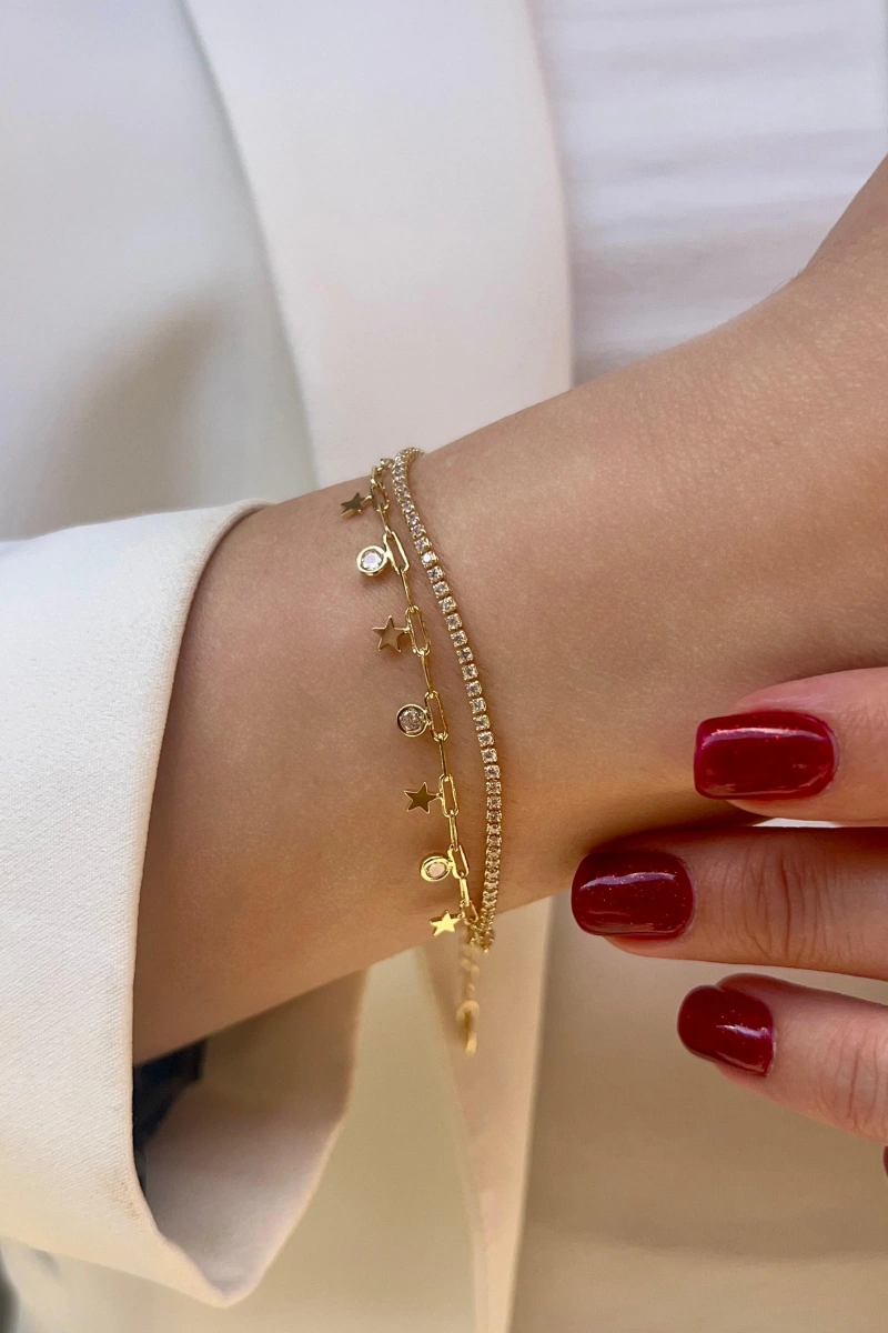 Çift Zincir Yıldız Model Su Yolu Detay Gold Altın Kaplama Bileklik