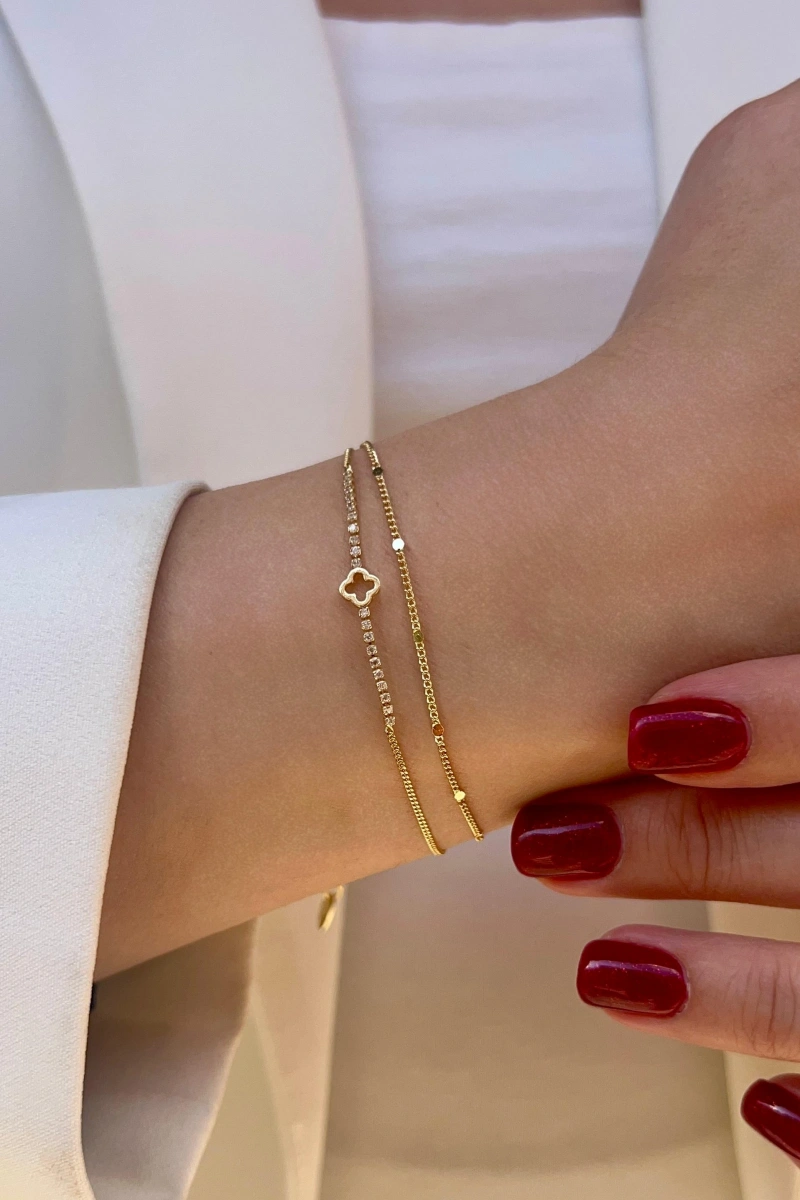 Çift Zincir Su Yolu Detay Yonca Model Gold Altın Kaplama Bileklik