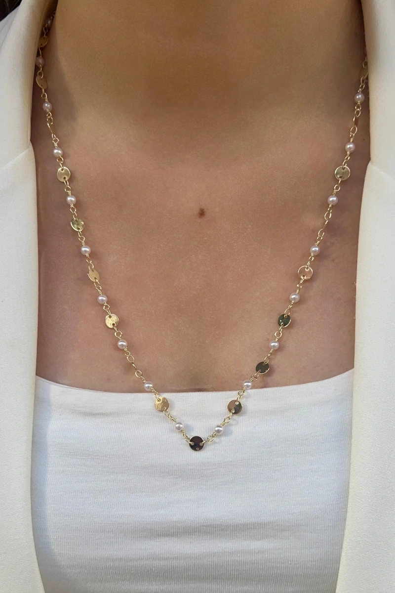 Sıralı Pul İnci Model Gold Altın Kaplama Kolye