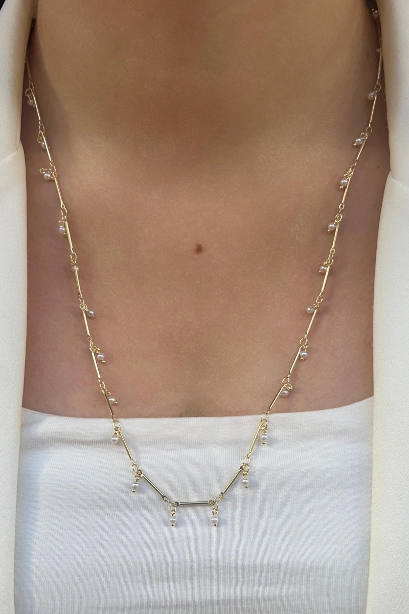 Sıralı Düz Zincir İnci Model Gold Altın Kaplama Kolye