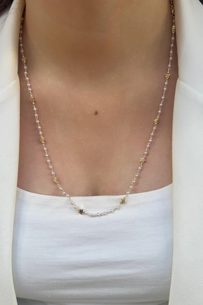 İnci Zincir Yıldız Model Gold Altın Kaplama Kolye