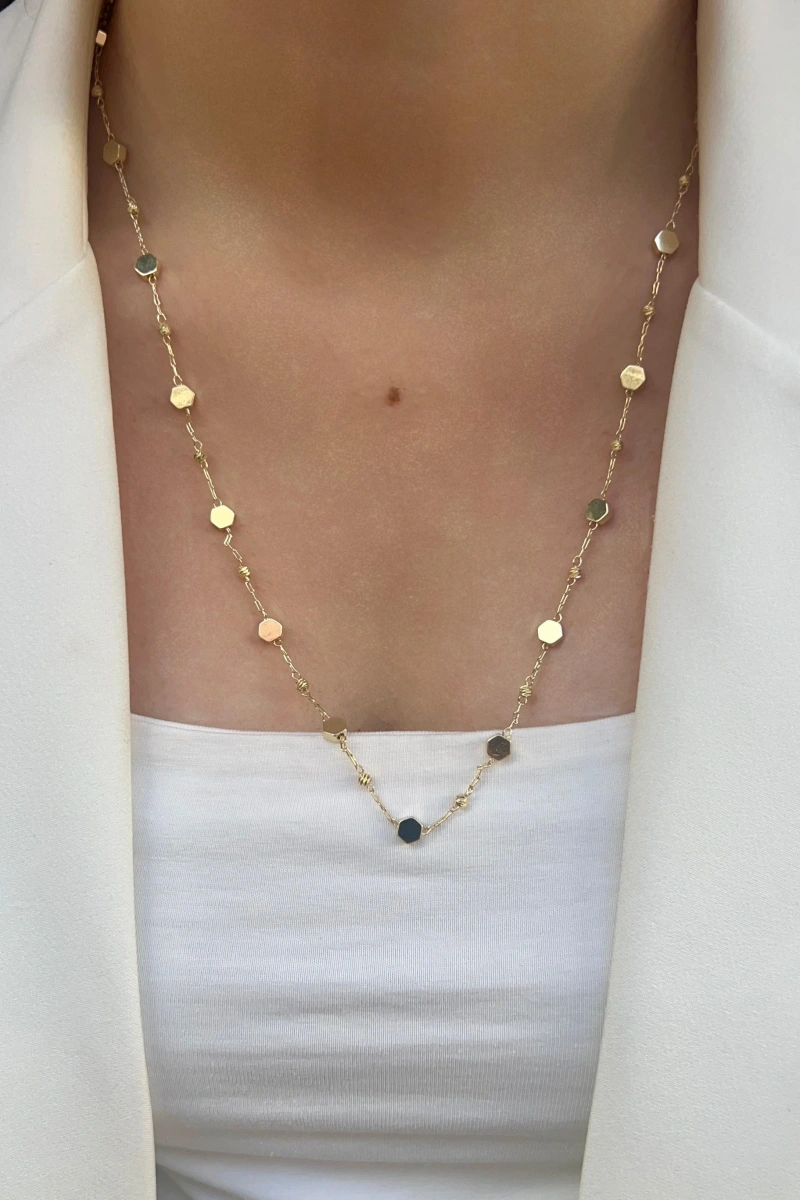 Altıgen Model Dorika Detay Gold Altın Kaplama Kolye