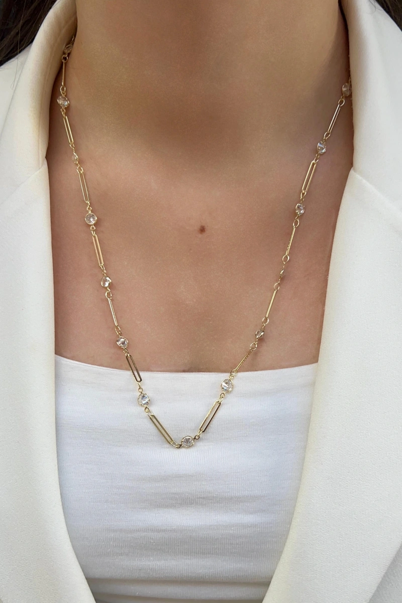 Ataç Zincir Sıralı Taş Model Gold Altın Kaplama Kolye