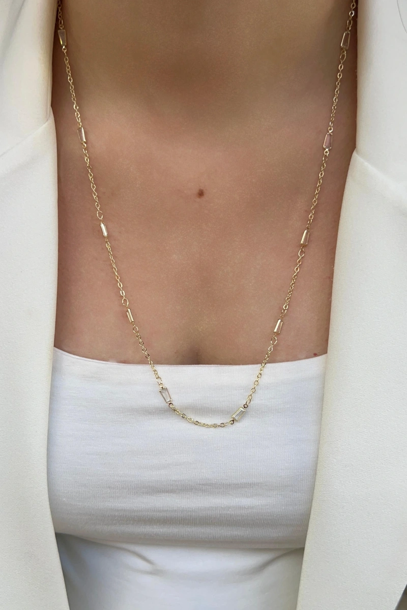 Halka Zincir Sıralı Baget Taş Model Gold Altın Kaplama Kolye