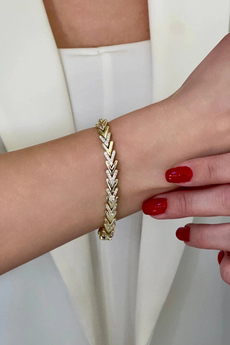 Ezme Yarı Taşlı Üçgen Model Gold Altın Kaplama Bileklik