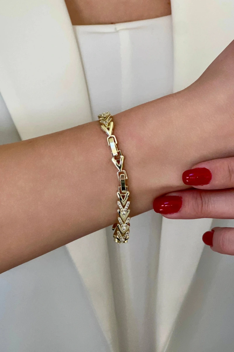 Ezme Yarı Taşlı Üçgen Model Gold Altın Kaplama Bileklik