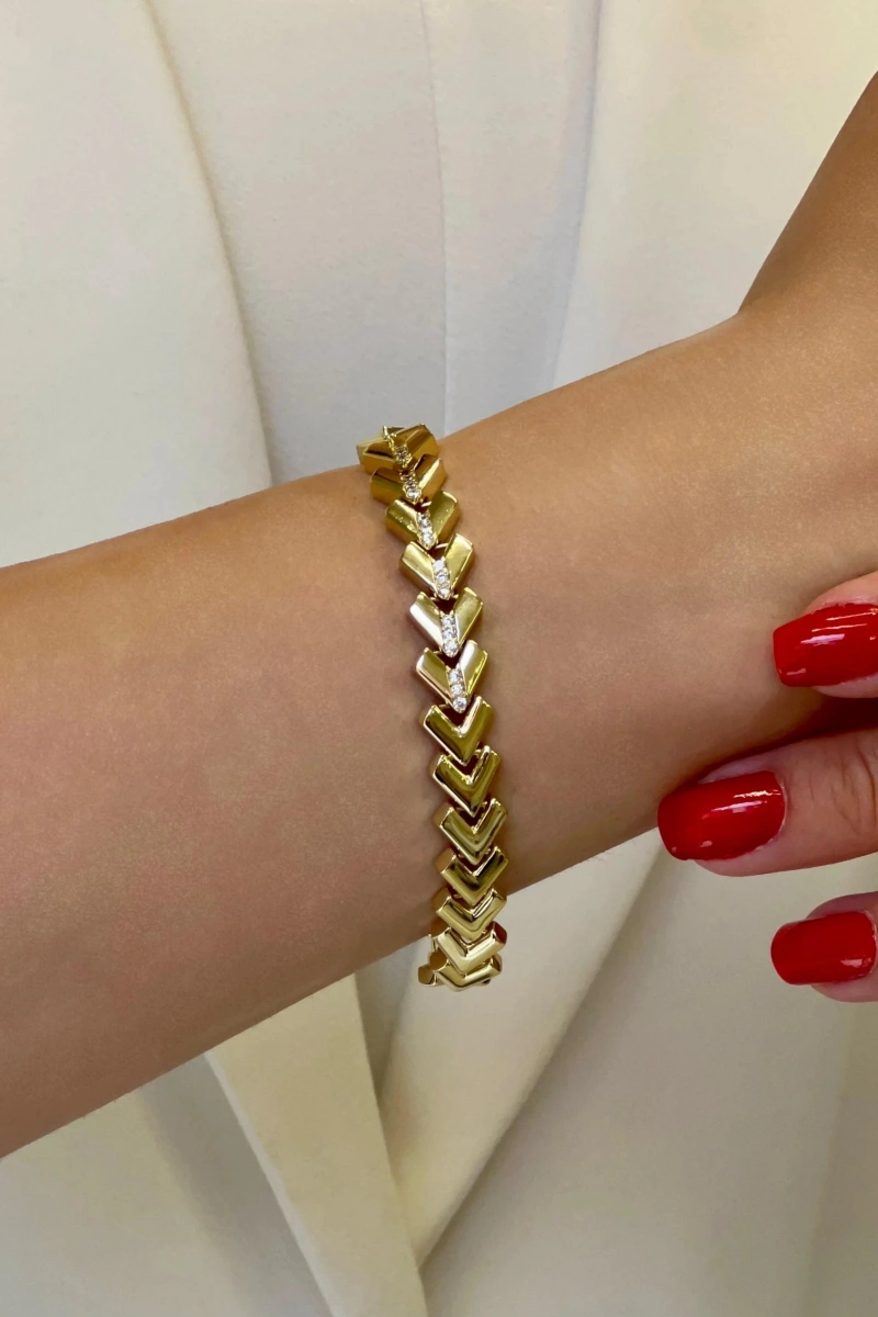 Yarı Taşlı Bombeli Üçgen Model Gold Altın Kaplama Bileklik