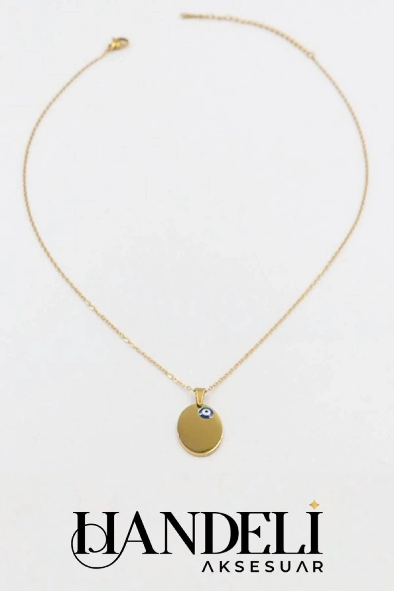 Oval Plaka Nazar Boncuk Detay Gold Altın Kaplama Çelik Kolye