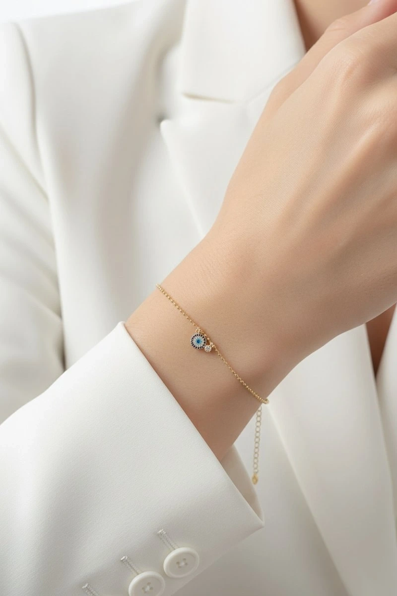 Dorika Zincir Sarkıt Nazar Boncuğu Model Gold Altın Kaplama Bileklik