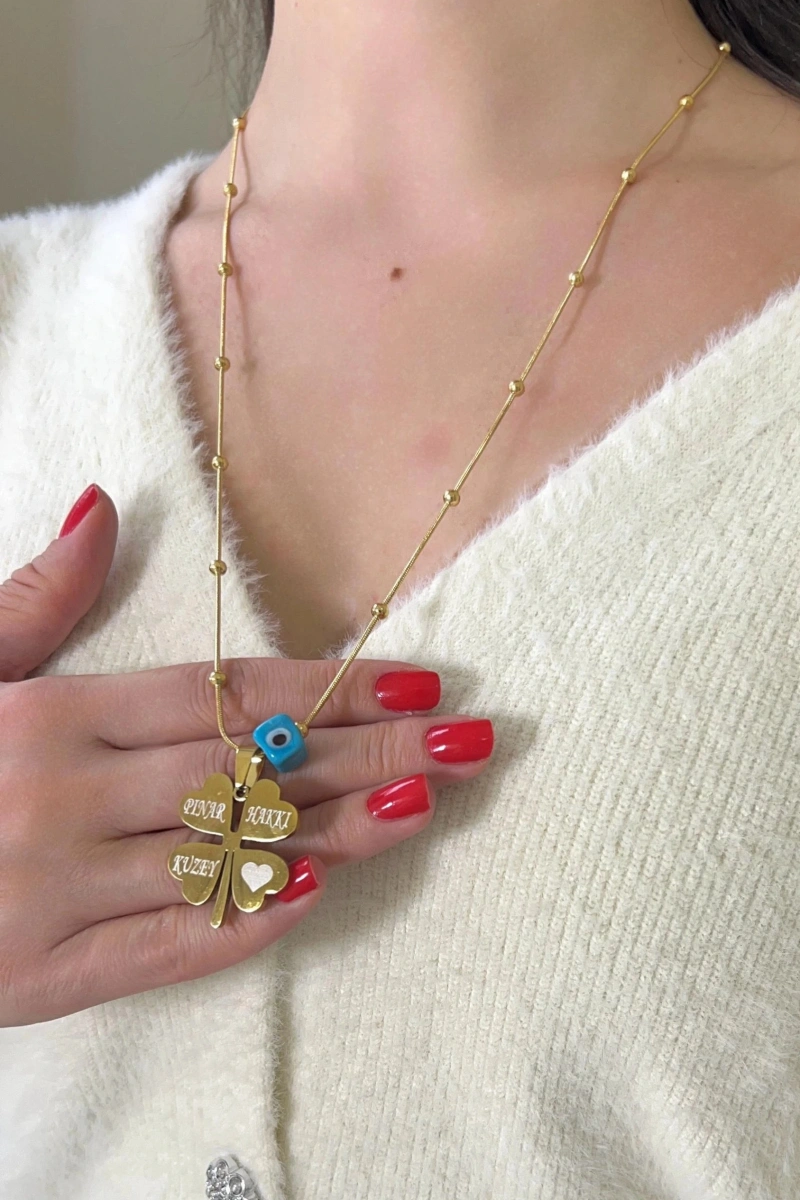 - İSİMLİ - Uzun Zincir Boncuklu Dorika Yonca Detay Gold Altın Kaplama Kolye