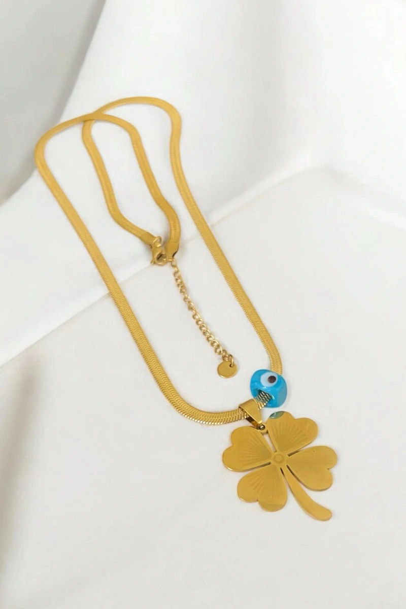 - İSİMLİ - Uzun Zincir Boncuklu İtalyan Yonca Detay Gold Altın Kaplama Kolye