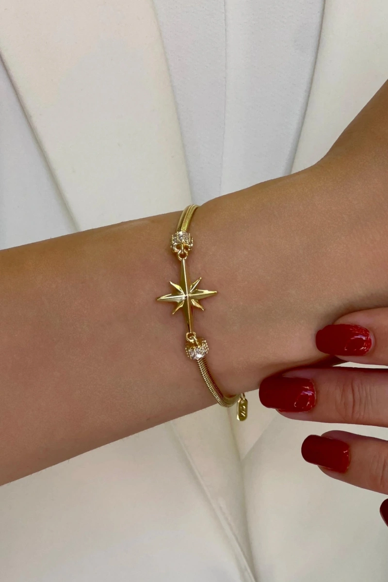 Boru Zincir Kuzey Yıldızı Charm Gold Altın Kaplama Bileklik
