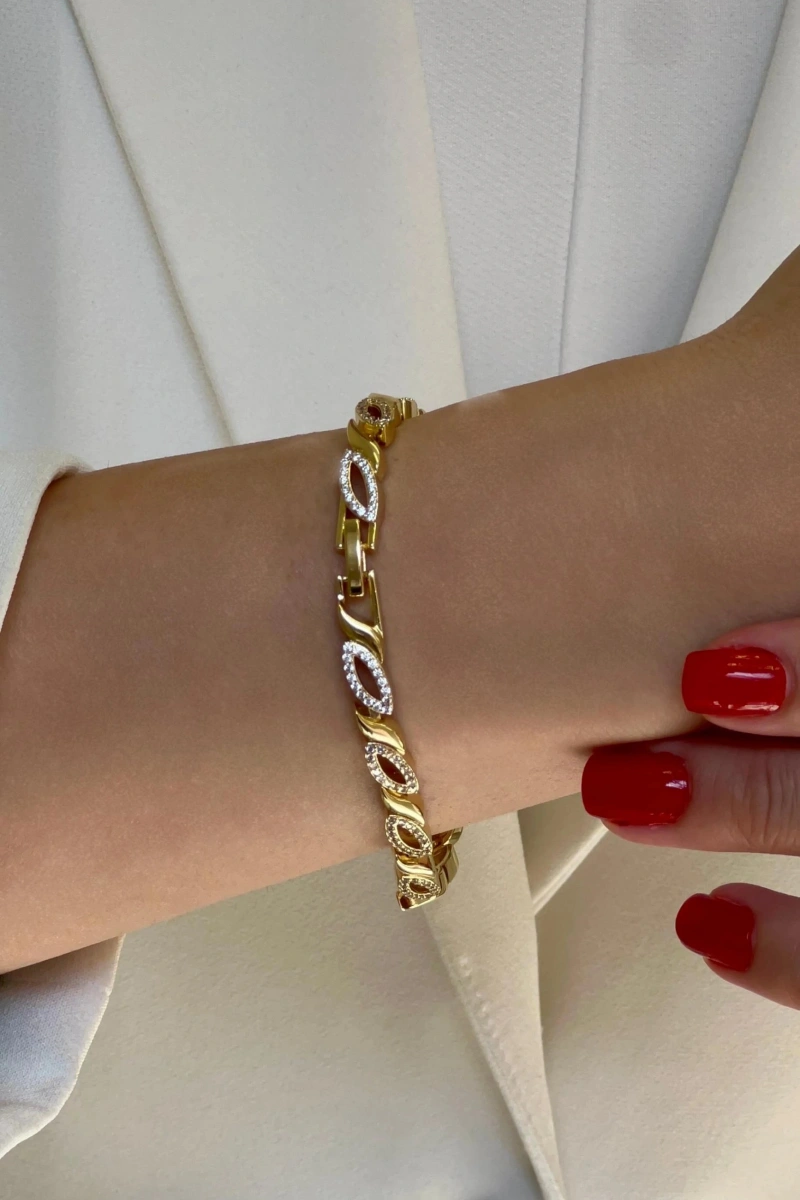 Zarif Taş Detay Damla Model Gold Altın Kaplama Bileklik