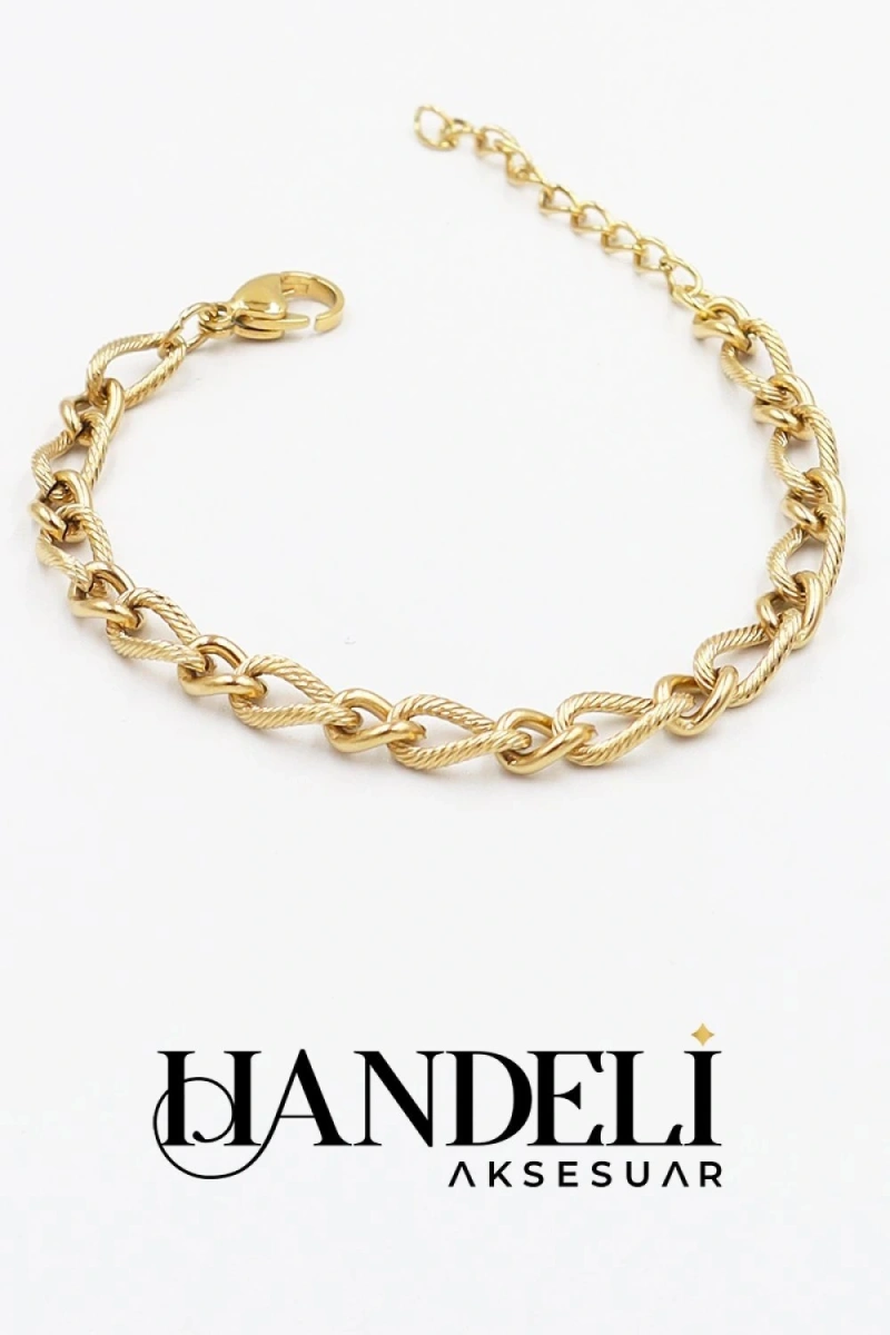 Desenli İnce Bağlı Gold Altın Kaplama Çelik Bileklik