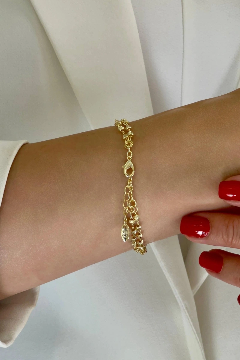 Çift Zincir Dorika Model Gold Altın Kaplama Bileklik