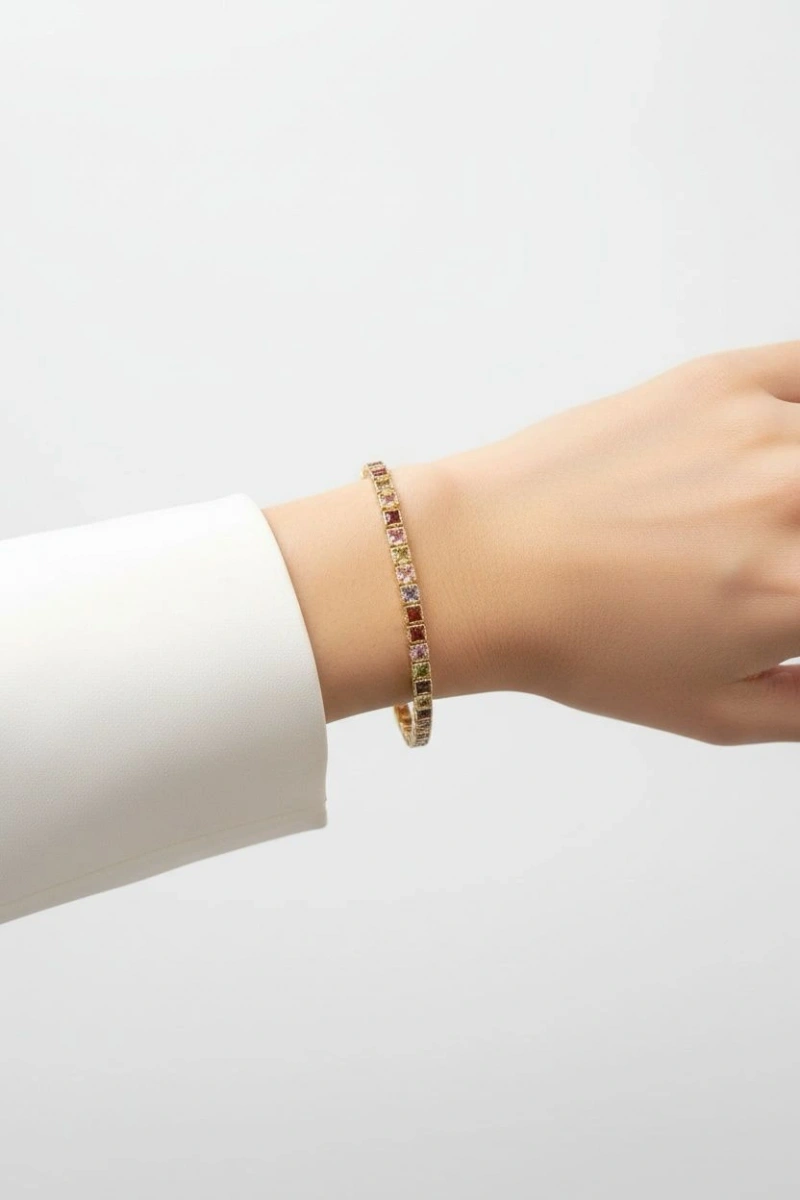 Çok Renkli Kare Su Yolu Model Gold Altın Kaplama Bileklik