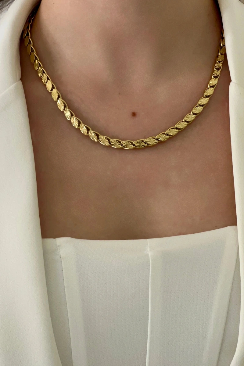 İşlemeli Arpa Model Gold Altın Kaplama Çelik Kolye