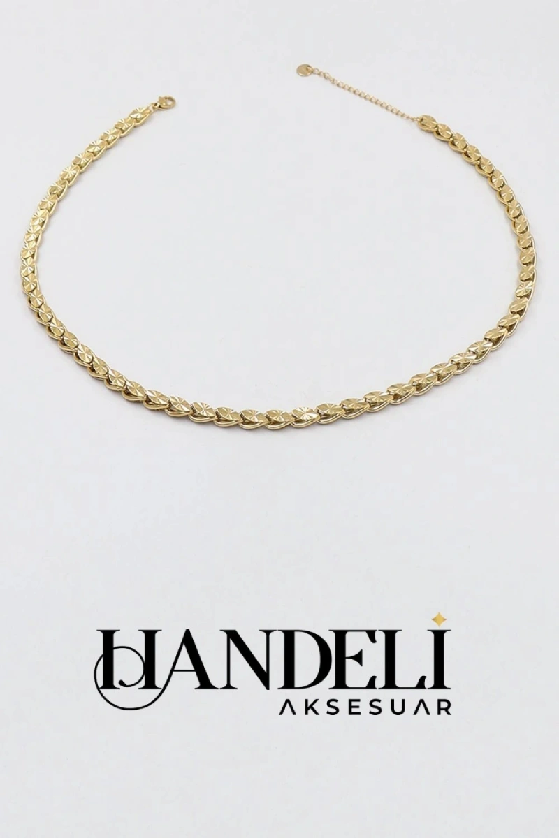 İşlemeli Arpa Model Gold Altın Kaplama Çelik Kolye