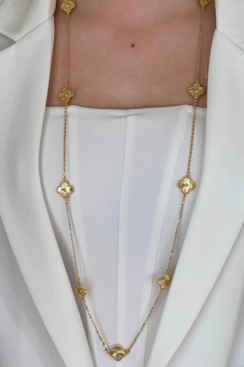 Uzun Nokta Desen Yonca Detay Gold Altın Kaplama Kolye