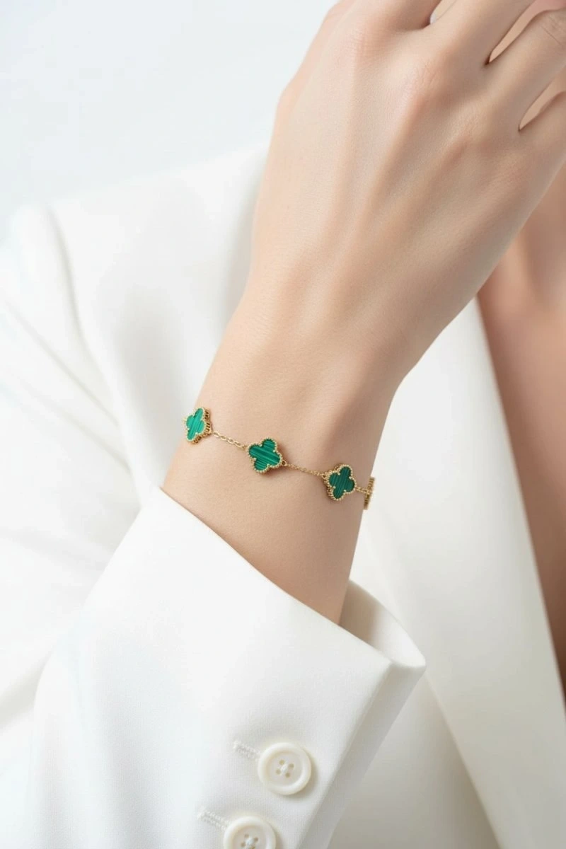 Yeşil Yonca Detay Gold Altın Kaplama Bileklik
